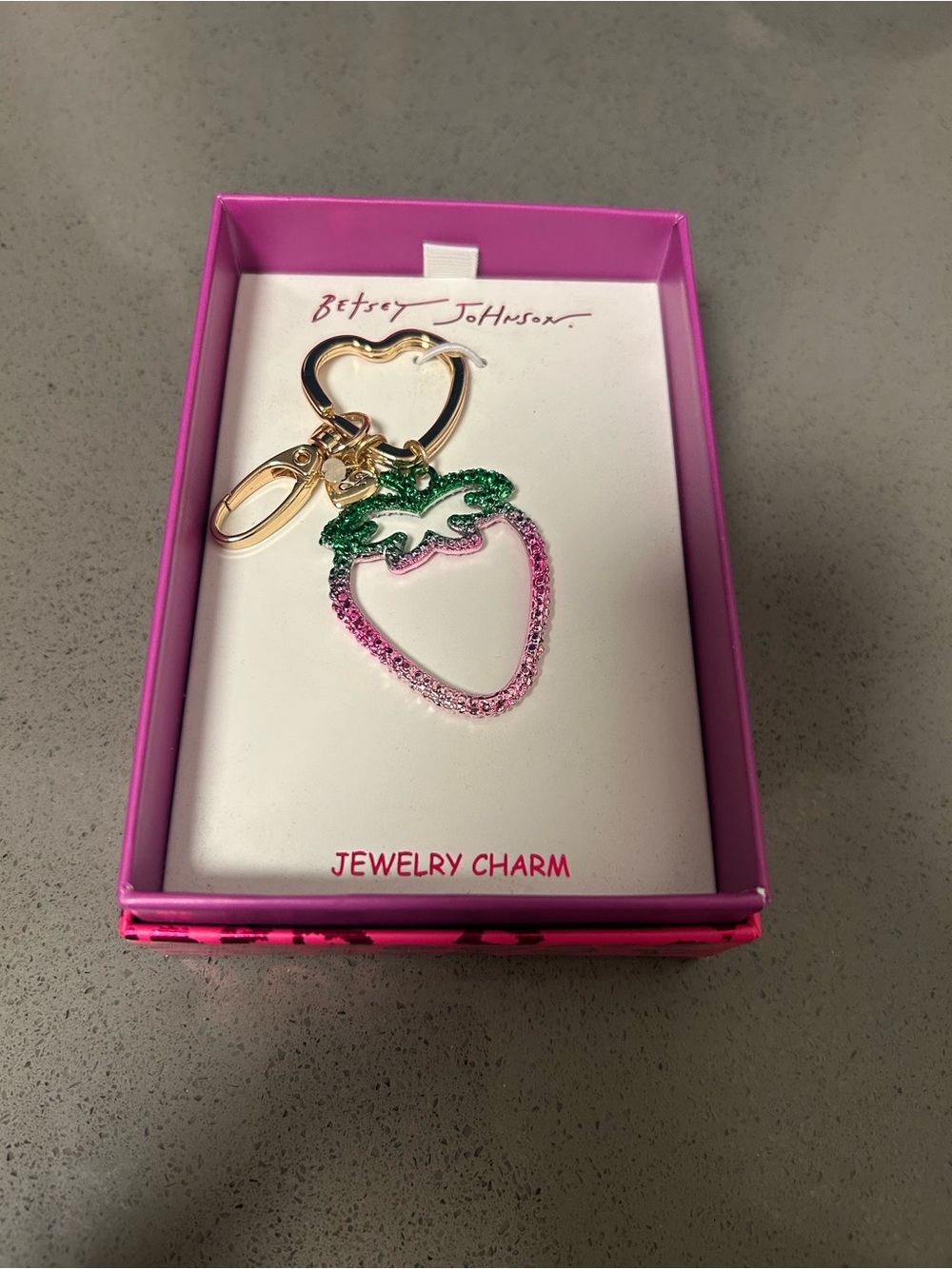 Betsey Johnson Pink & Green Strawberry Charm Keyring with Gold Hardware